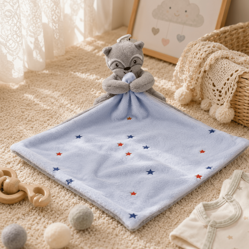 Gray plush toy with a blue blanket transition object for babies